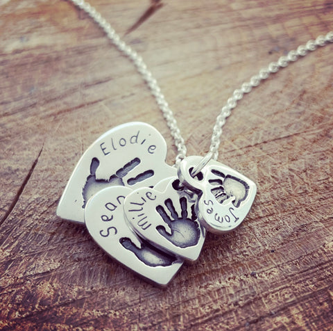 cascading heart necklace hand and foot print