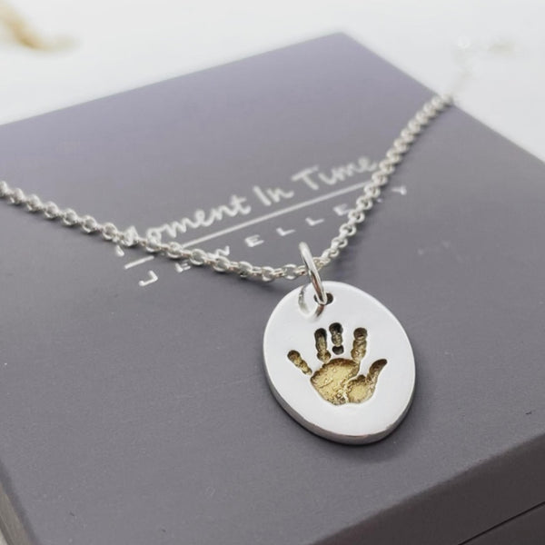 Handprint Oval Pendant on a Belcher Chain Gold and Silver