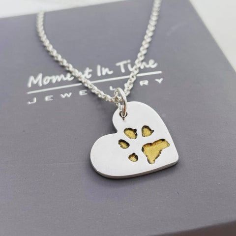 Gold & Silver Paw Print Heart Pendant Necklace
