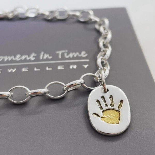 Handprint Charm on Belcher Bracelet Gold and Silver