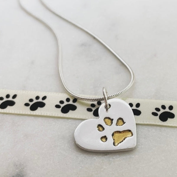Paw Print Gold and Silver Heart Necklace