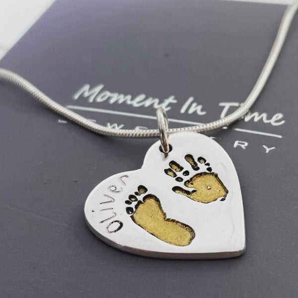 Hand & Foot Print Gold & Silver Heart necklace