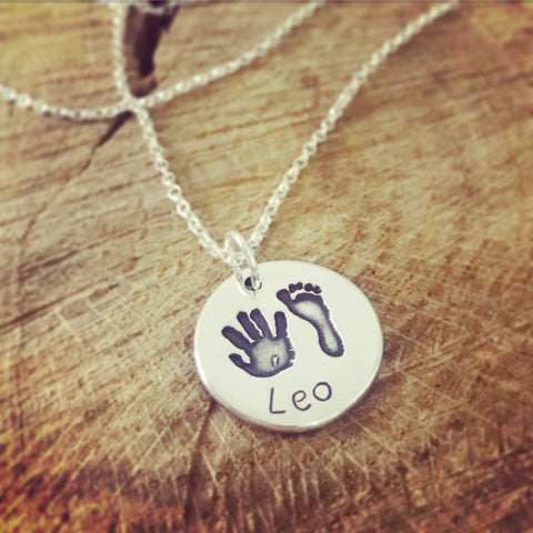 Circle hand & foot print pendant necklace