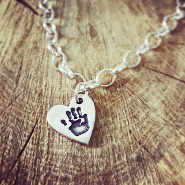 hand print heart charm on belcher bracelet