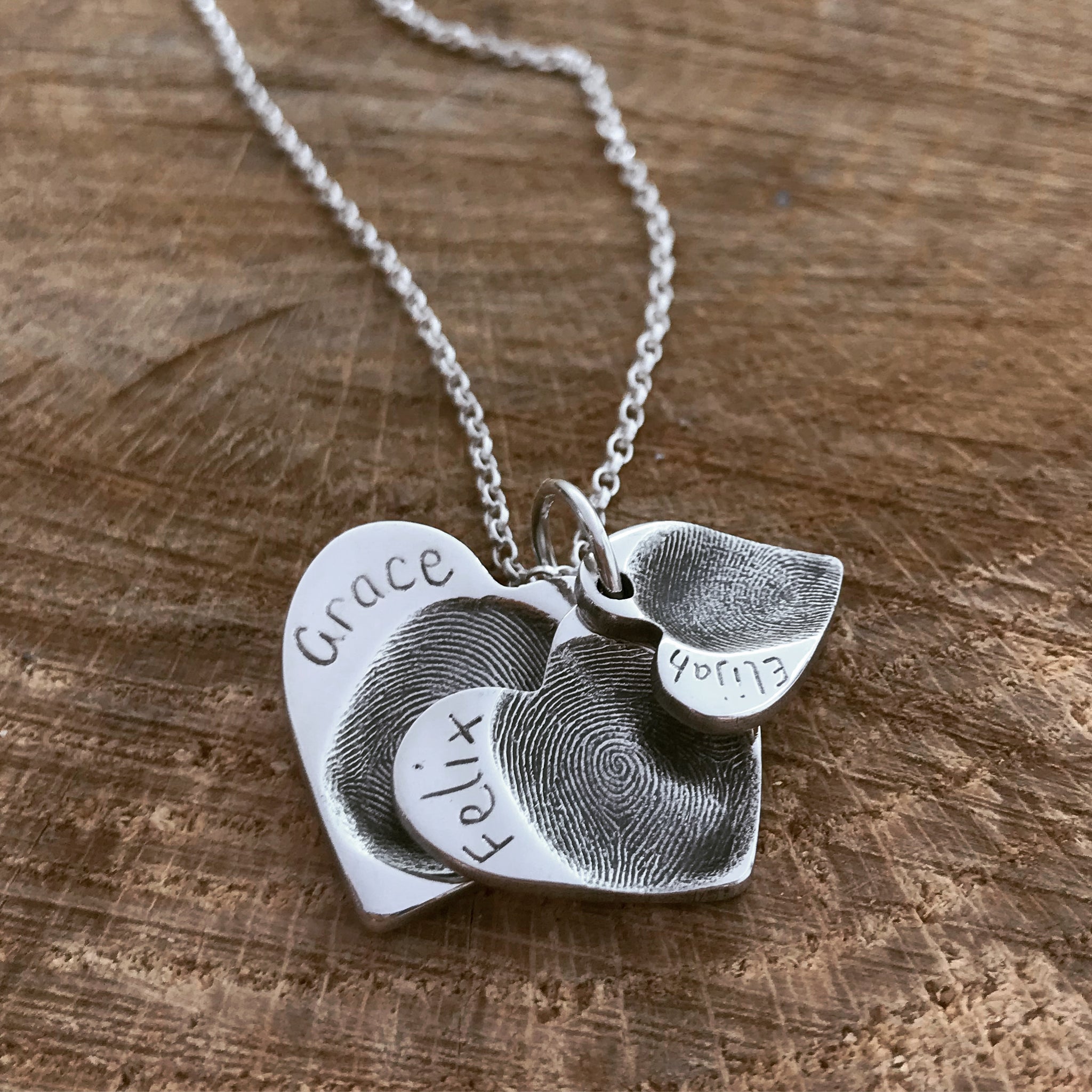 Fingerprint Cascading Heart Necklace Triple