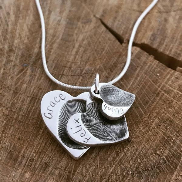 triple fingerprint heart cascade necklace