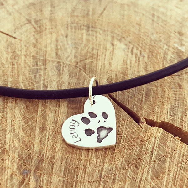 Paw Print Heart on Leather Necklace